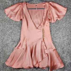 Free People Mini Dress Womens XS Pink Satin Flutter Sleeve Gold Button Excellent
